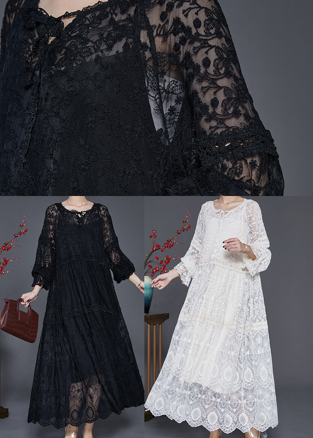 Floral Lace V-Neck Lace Up Long Sleeve Tiered Maxi Dress - View 5
