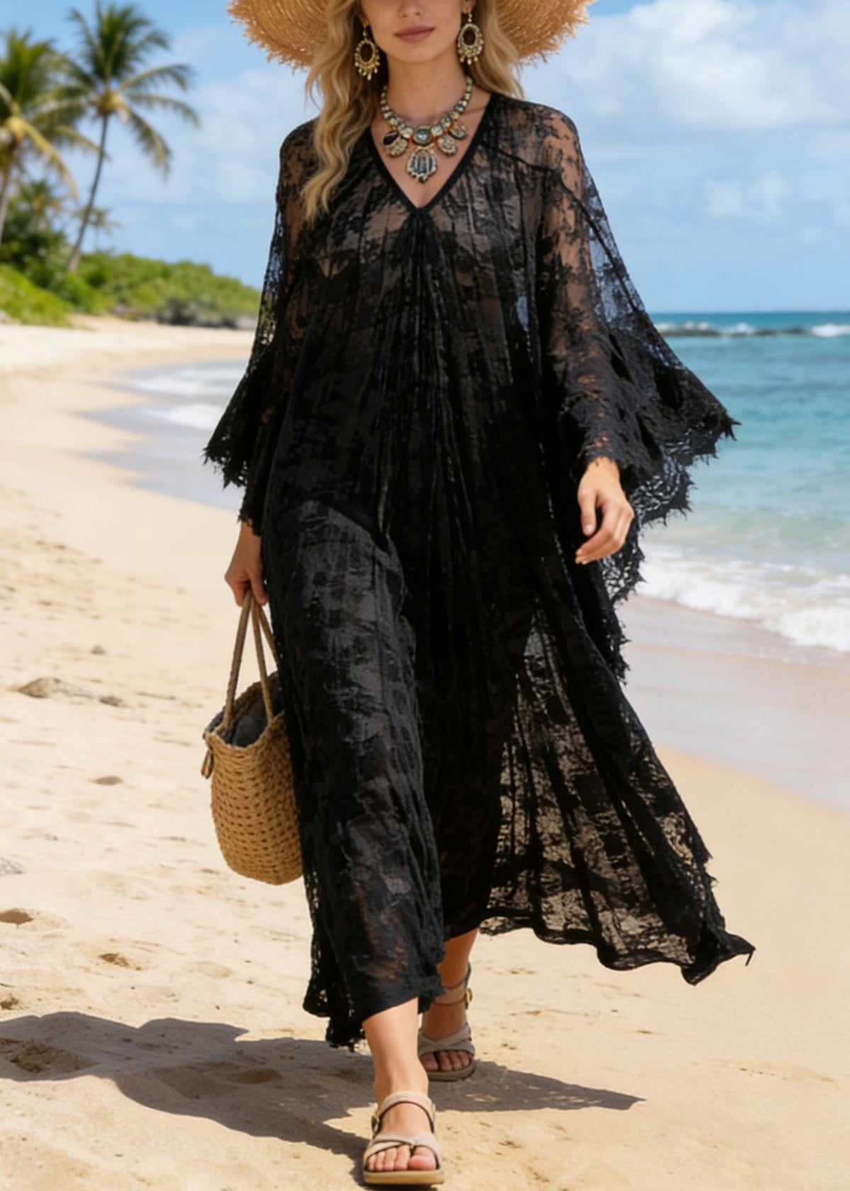 Black Hollow Out Loose Lace Maxi Dresses V Neck Summer
