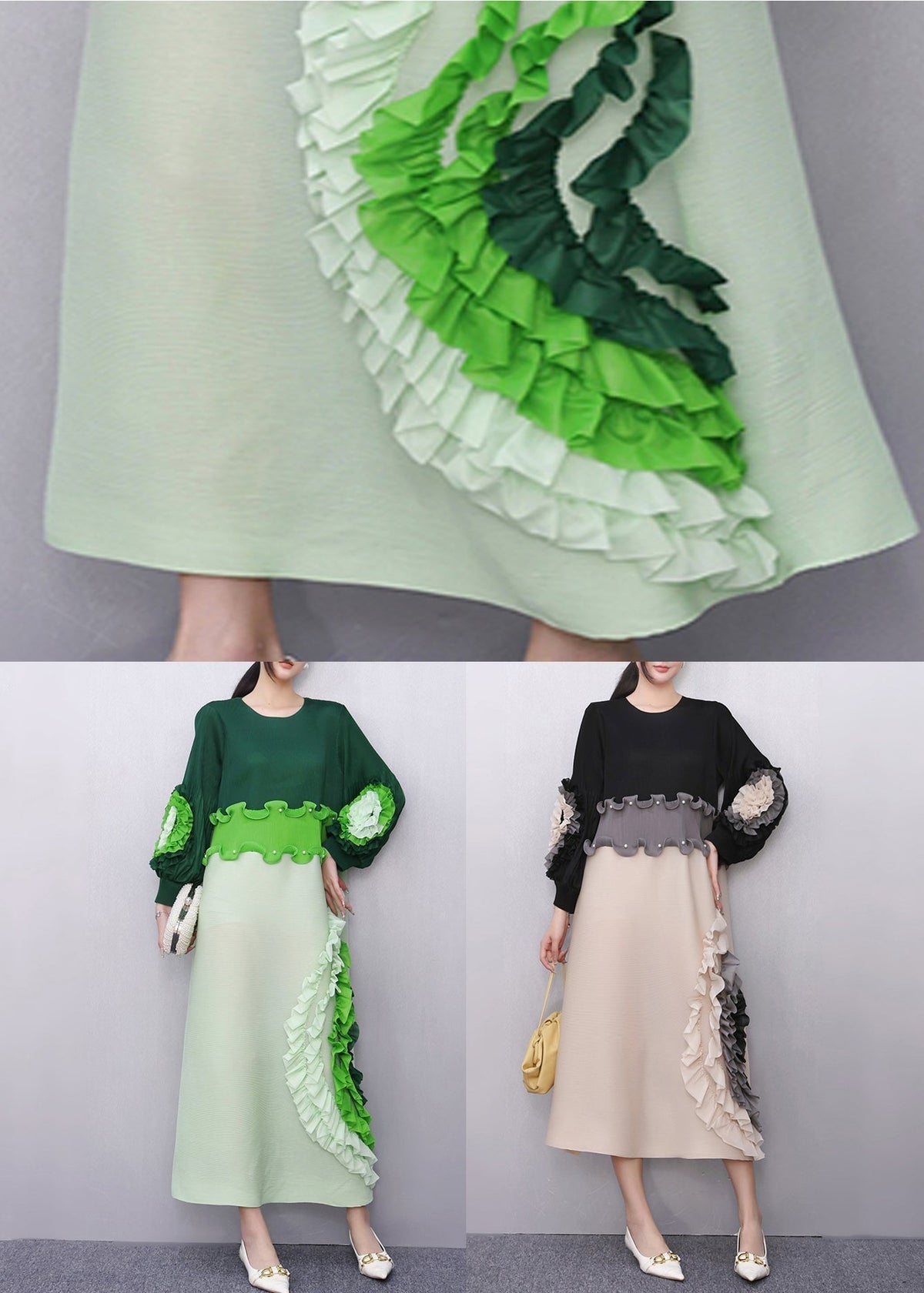Black Nail Bead Floral Patchwork Fall Maxi Dresses Ruffled - View 5