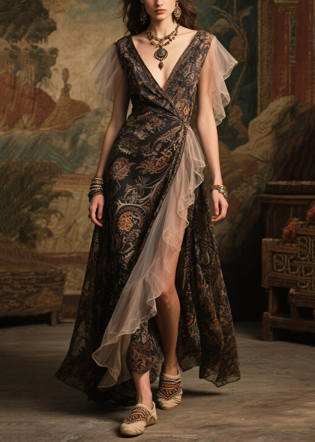 Paisley Print Wrap Deep V-Neck Sheer Butterfly Sleeve Maxi Gown