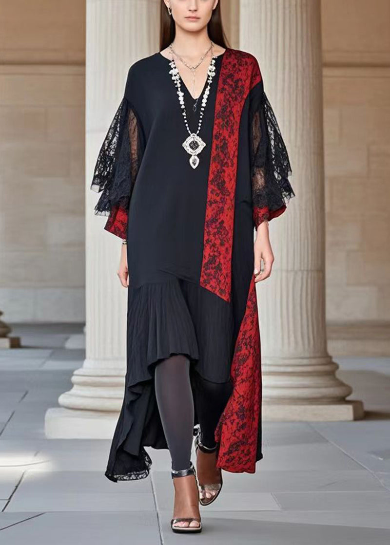 Lace Deep V-Neck Bell Sleeve Floral Panel Asymmetrical Maxi Dress