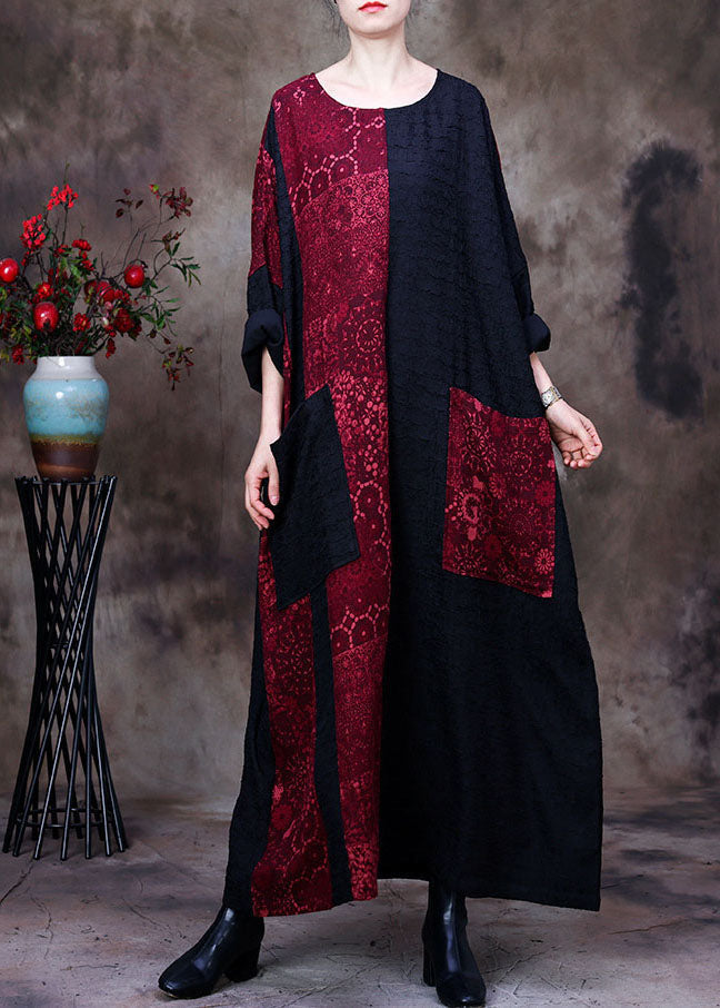 Lace Print Panel Patchwork Round Neck Long Sleeve Maxi Dress - View 2