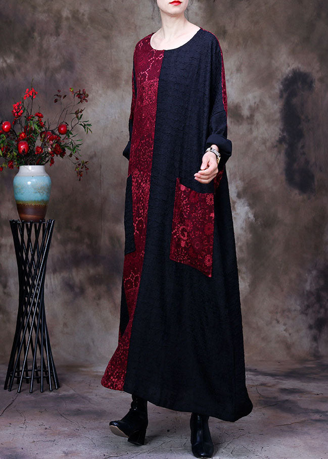 Lace Print Panel Patchwork Round Neck Long Sleeve Maxi Dress - View 3