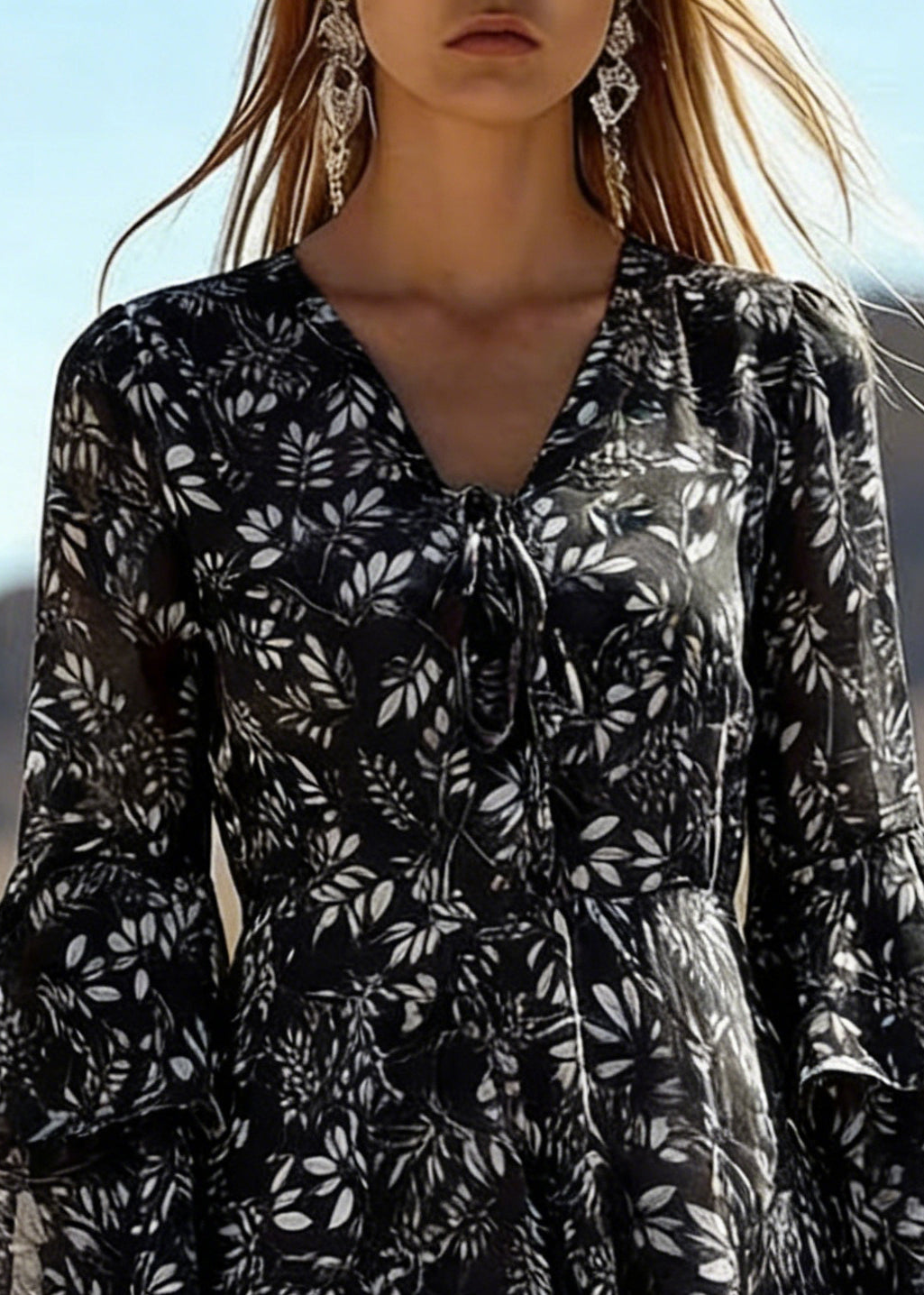 Leaf Print Tie Front Deep V-Neck Double Ruffle A-Line Mini Dress - View 2