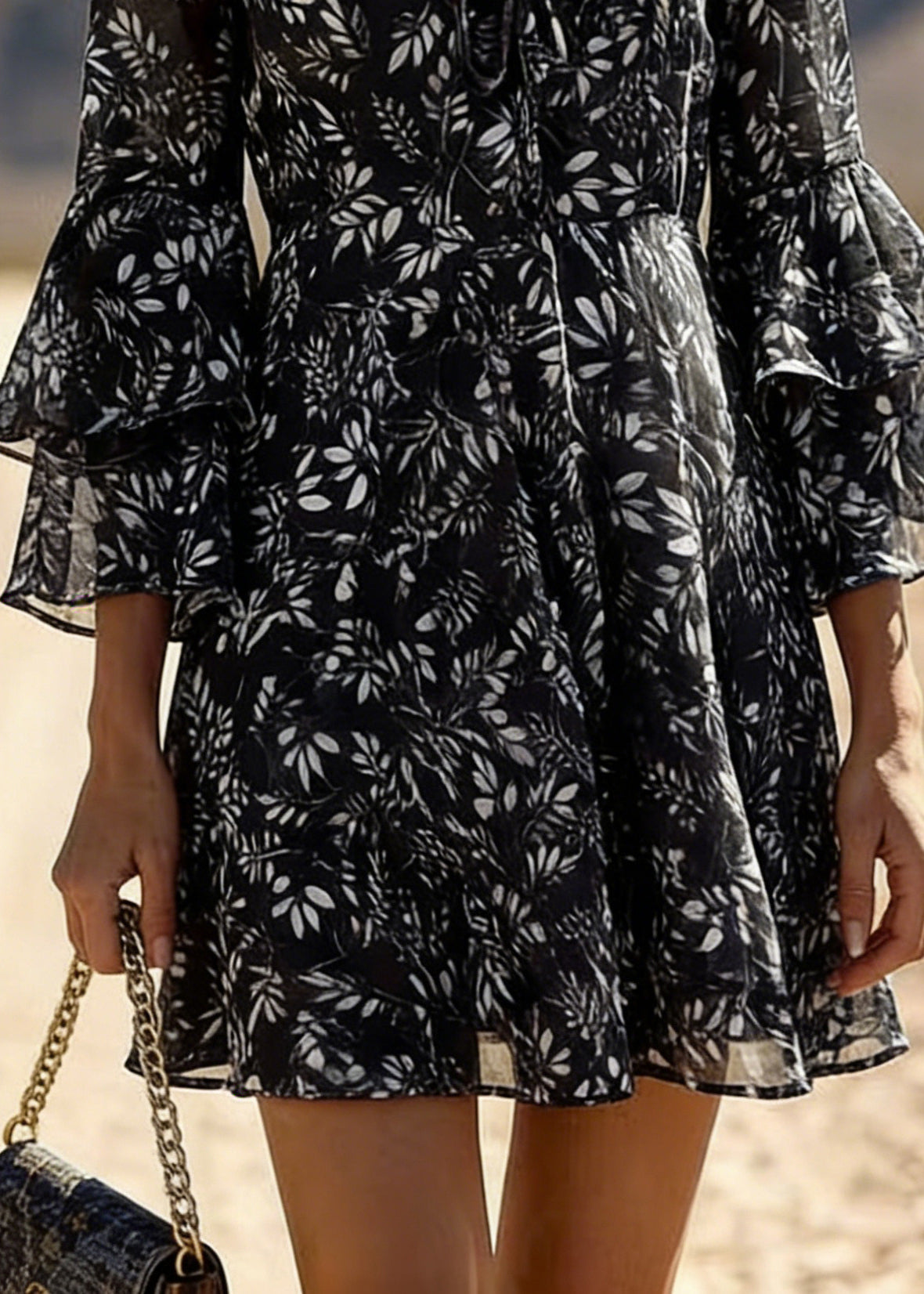 Leaf Print Tie Front Deep V-Neck Double Ruffle A-Line Mini Dress - View 4