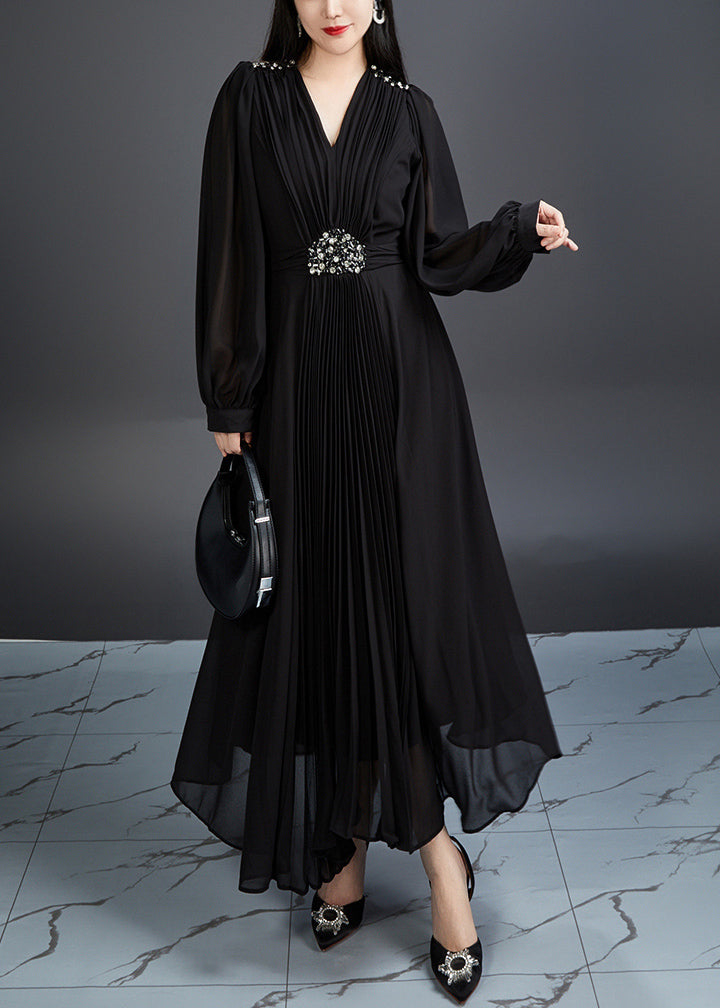 Black Zircon Chiffon Long Dresses V Neck Long Sleeve - View 4