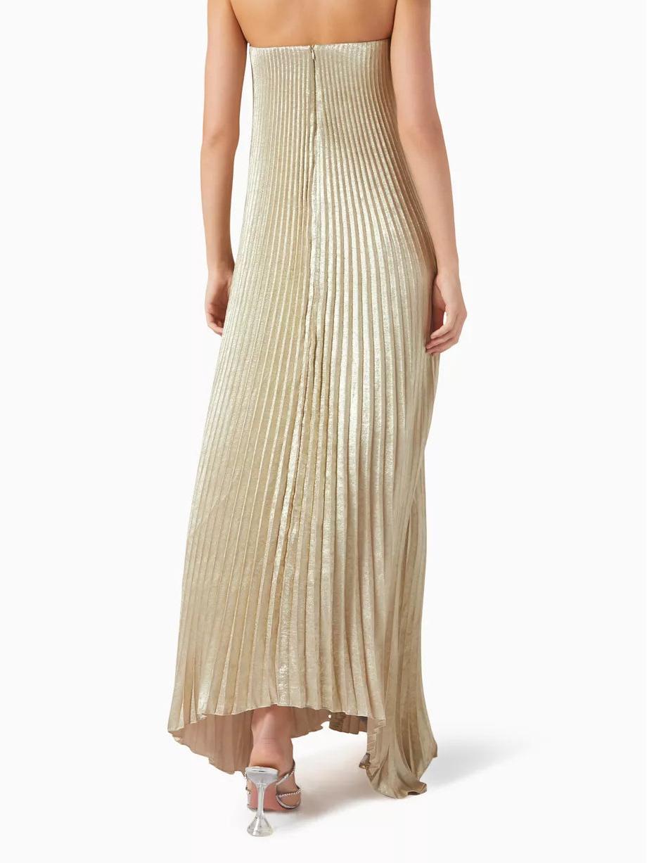 Metallic Micro Pleated Strapless Notch Neck A-Line Maxi Gown - View 3