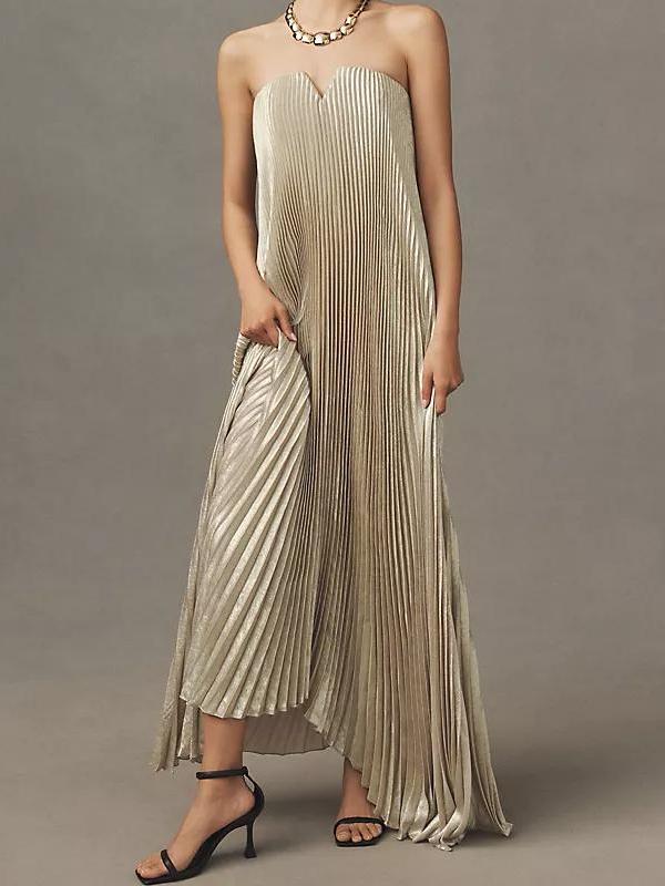 Metallic Micro Pleated Strapless Notch Neck A-Line Maxi Gown - View 4