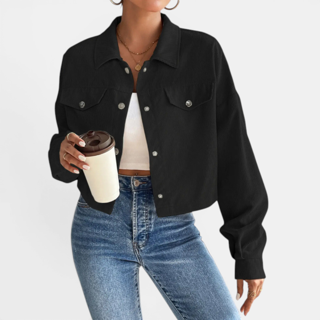 Button Front Chest Pocket Corduroy Cropped Shirt Jacket