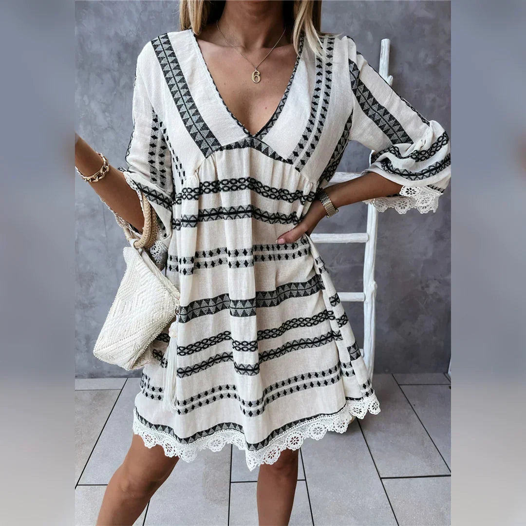Geometric Print V-Neck Bell Sleeve Lace Trim Babydoll Mini Dress - View 4
