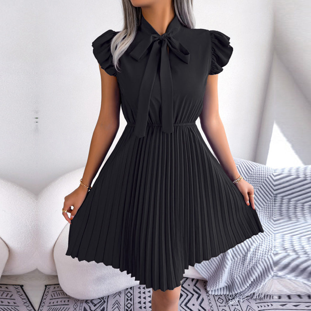 Tie Neck Ruffle Sleeve Accordion Pleated Mini Dress