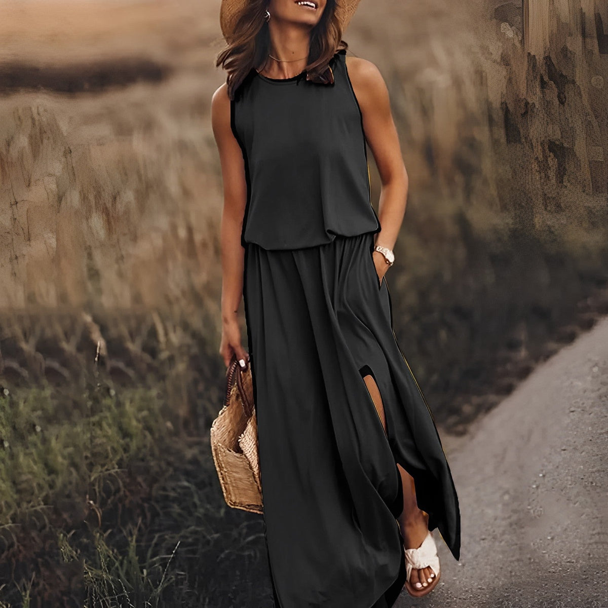 Satin Crew Neck Sleeveless High Split Maxi Summer Dress - View 2