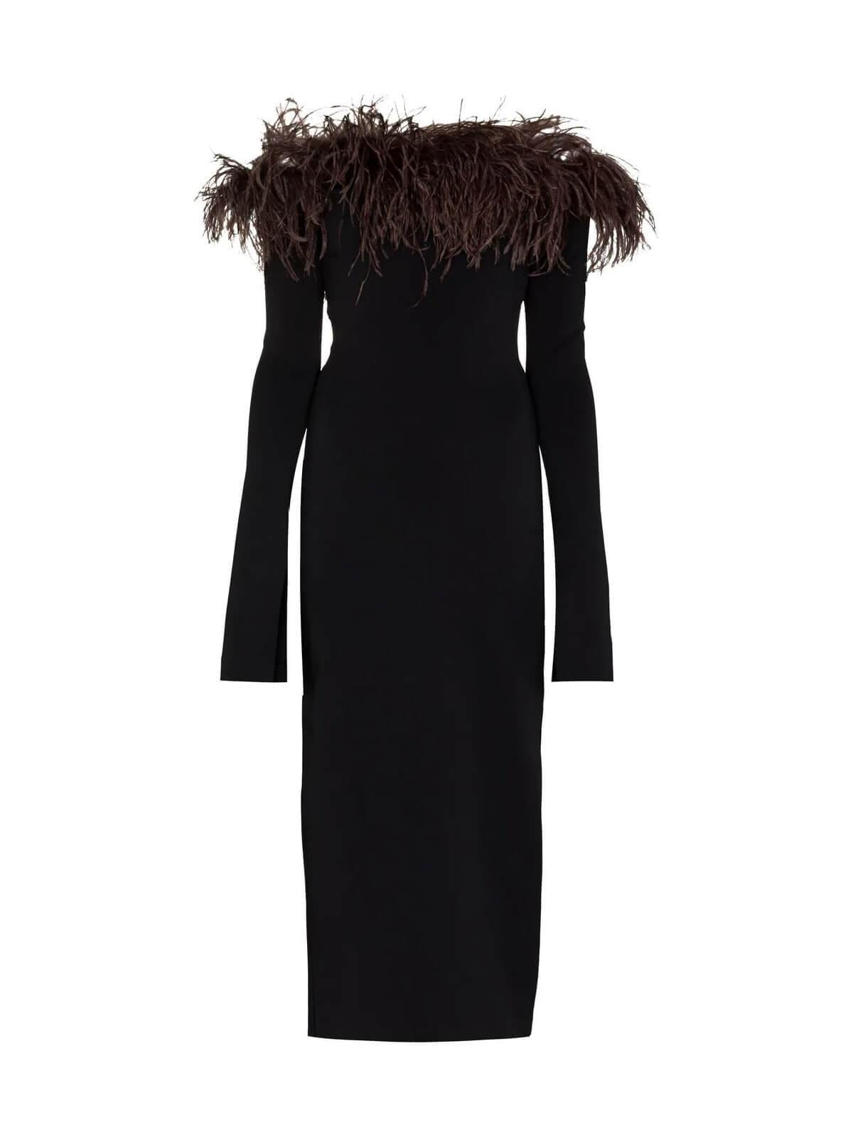 Off Shoulder Feather Trim Long Sleeve Bodycon Midi Dress - View 6