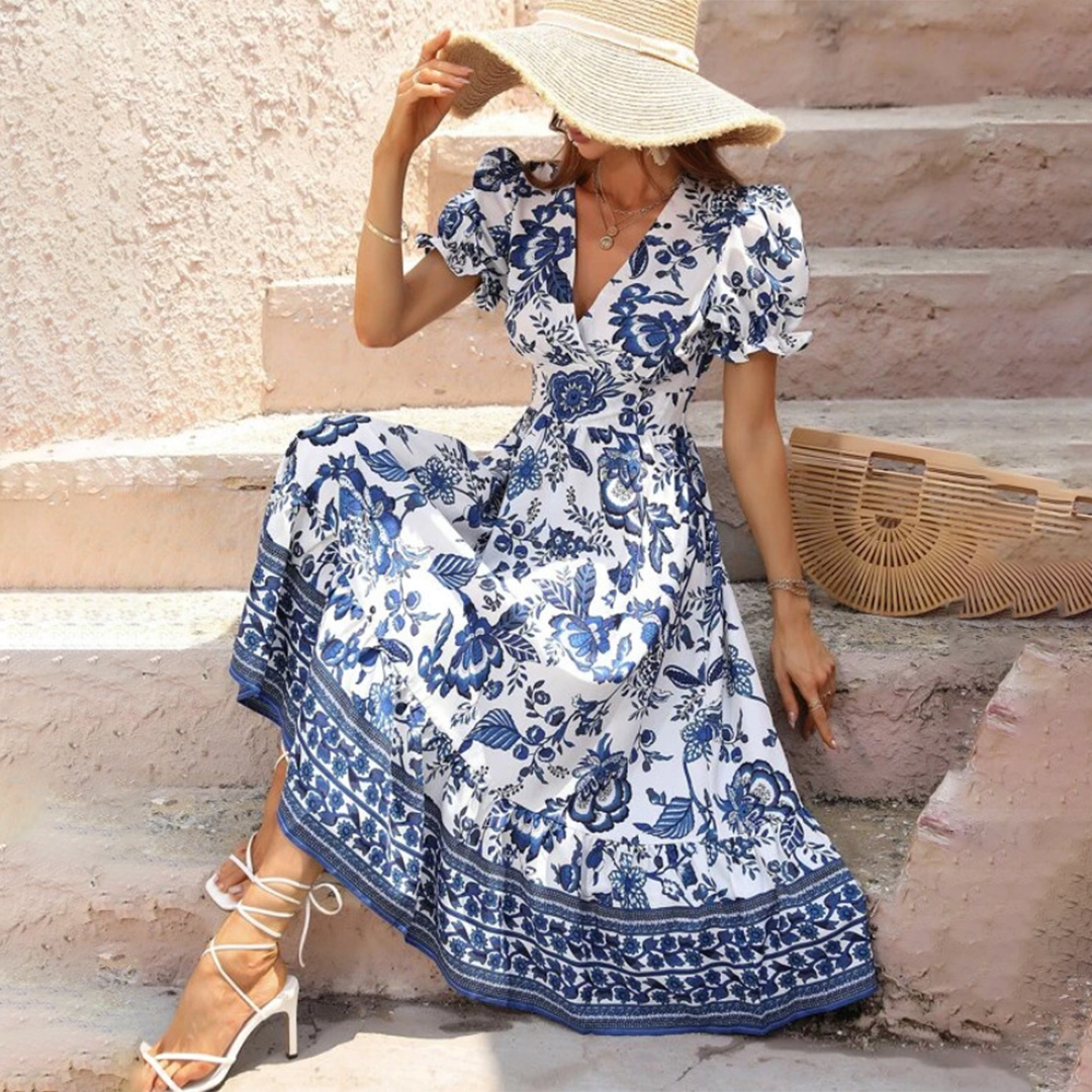 Floral Print V-Neck Puff Sleeve Tiered Ruffle Hem Midi Summer Dress - View 3