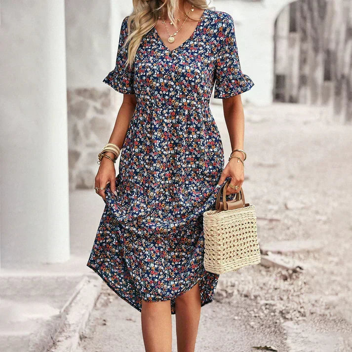 V-Neck Flutter Sleeve Floral Tiered Midi Dress - View 4