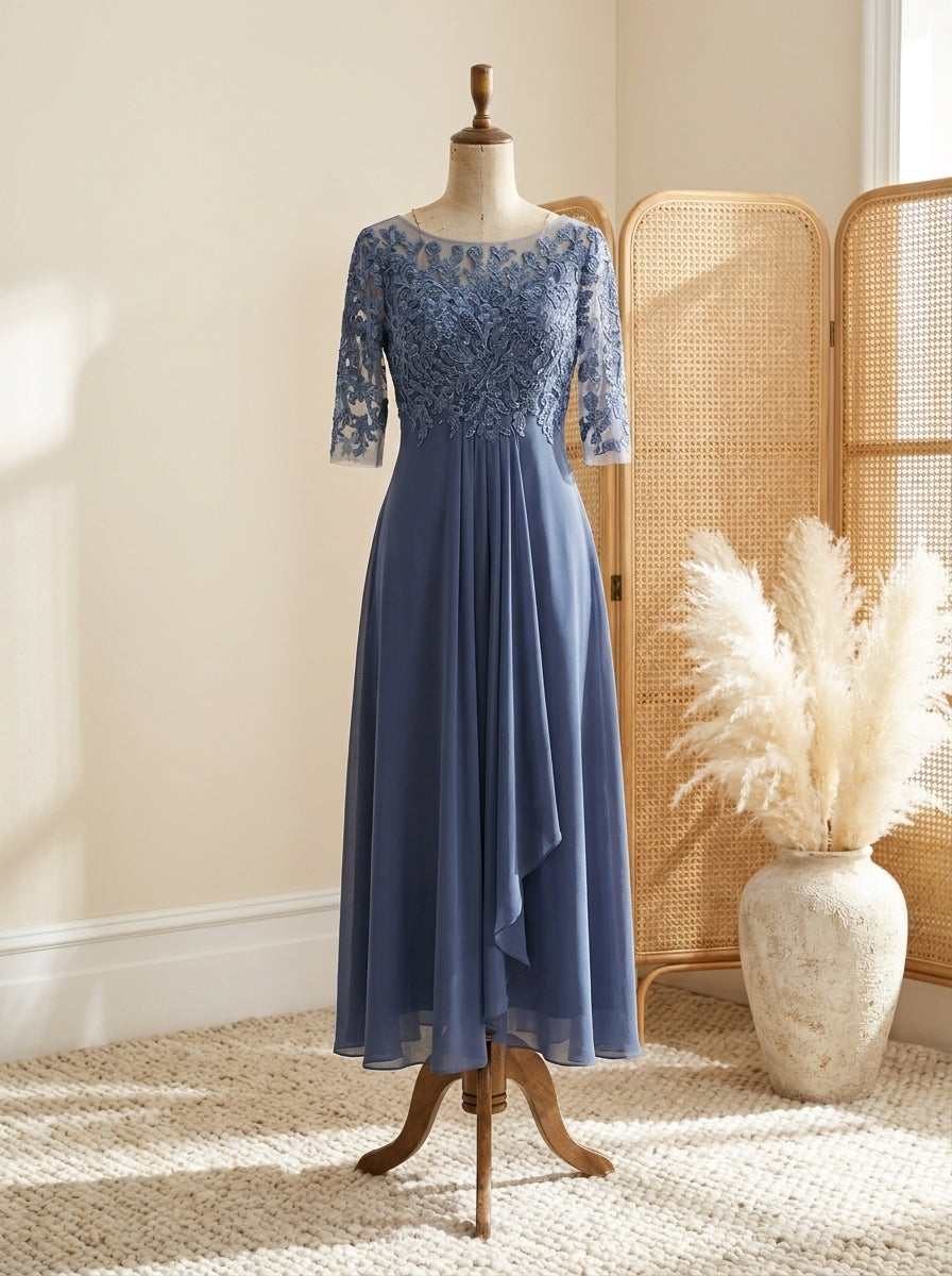 Lace Bodice Short Sleeve Chiffon A-Line Midi Dress Wedding Guest 10