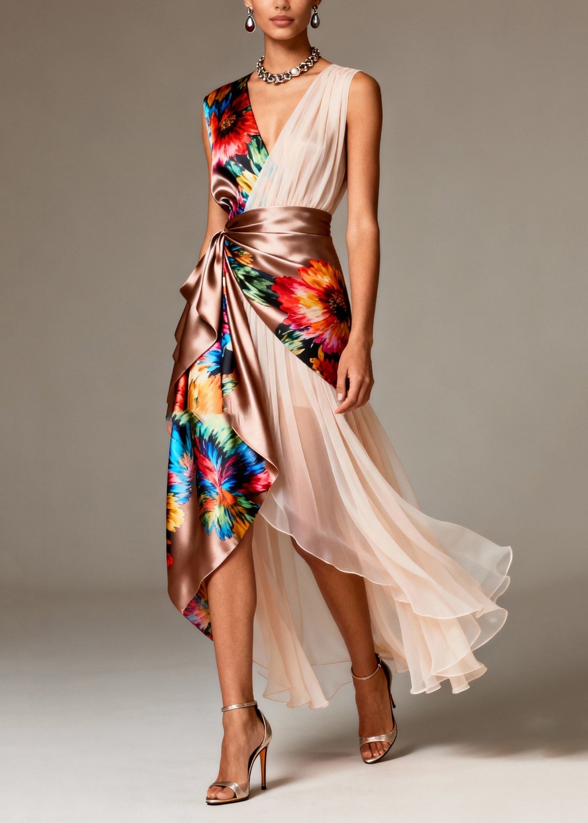 Floral Print Deep V-Neck Sleeveless Pleated Panel Party Dress - View 3