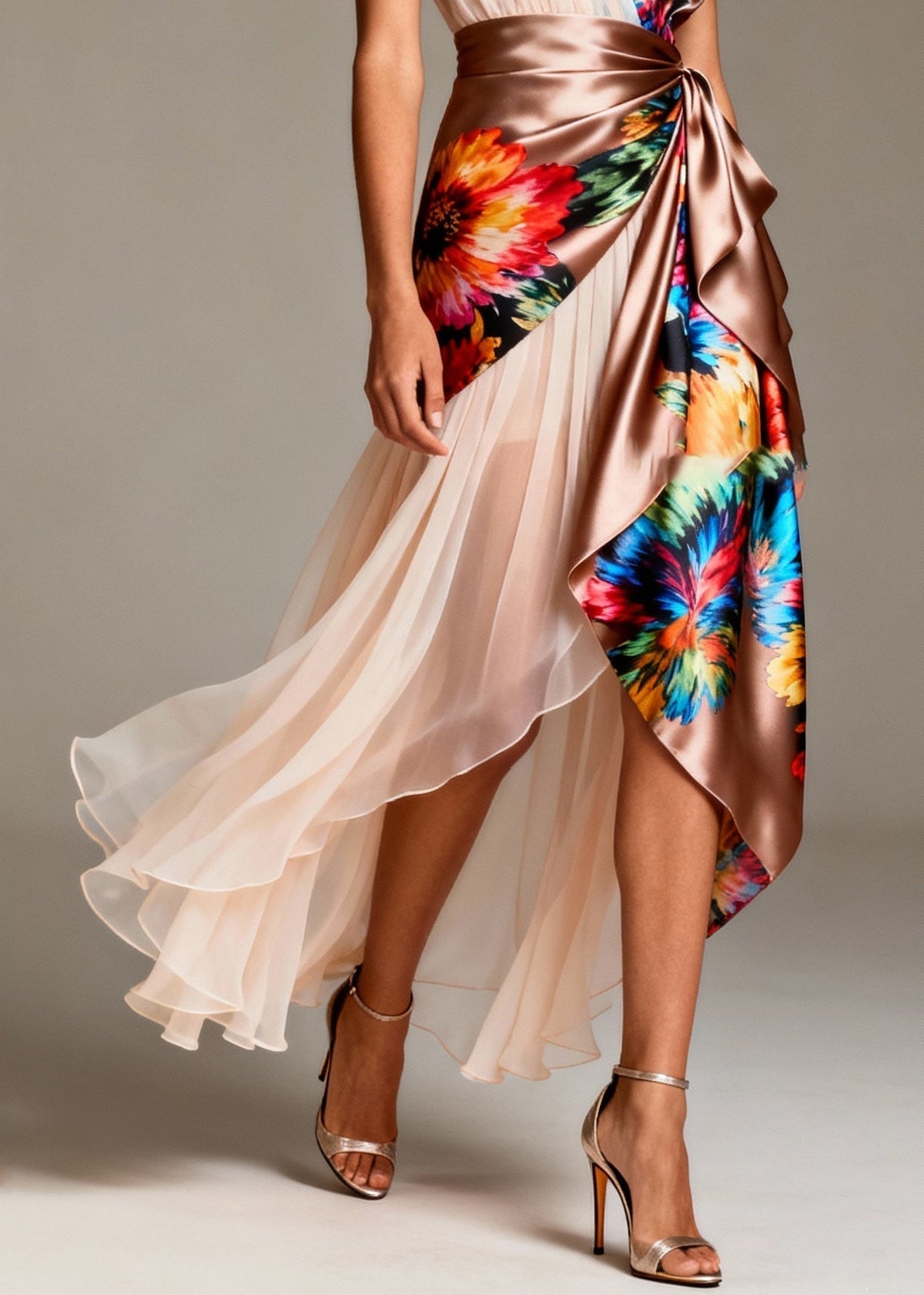 Floral Print Deep V-Neck Sleeveless Pleated Panel Party Dress - View 4