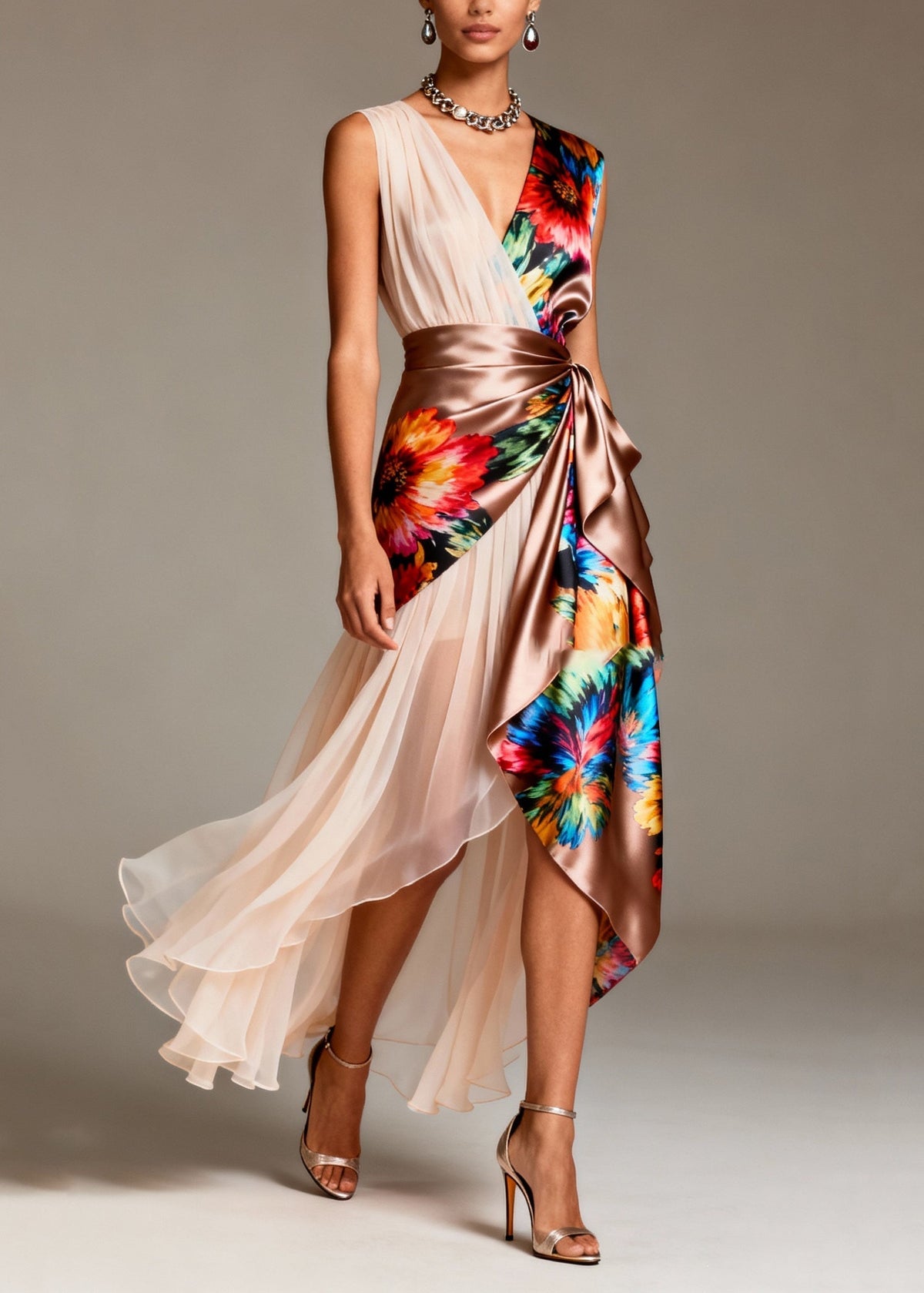 Floral Print Deep V-Neck Sleeveless Pleated Panel Party Dress - View 5