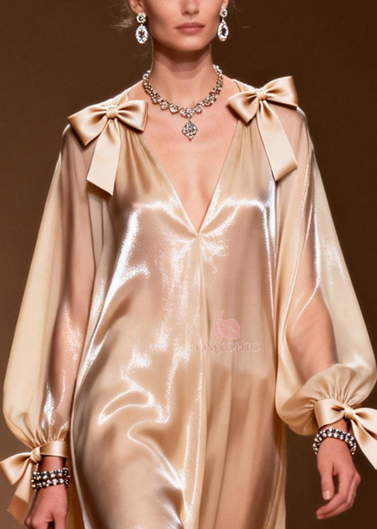 Satin Deep V-Neck Shoulder Bow Bishop Sleeve Maxi Gown - View 2
