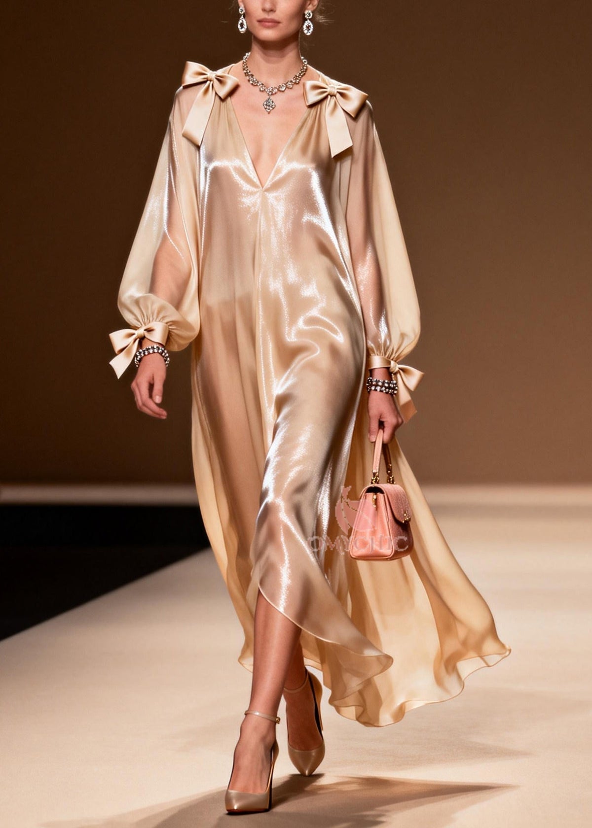 Satin Deep V-Neck Shoulder Bow Bishop Sleeve Maxi Gown - View 3