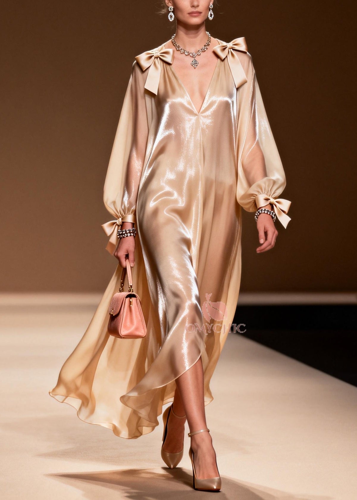 Satin Deep V-Neck Shoulder Bow Bishop Sleeve Maxi Gown - View 5