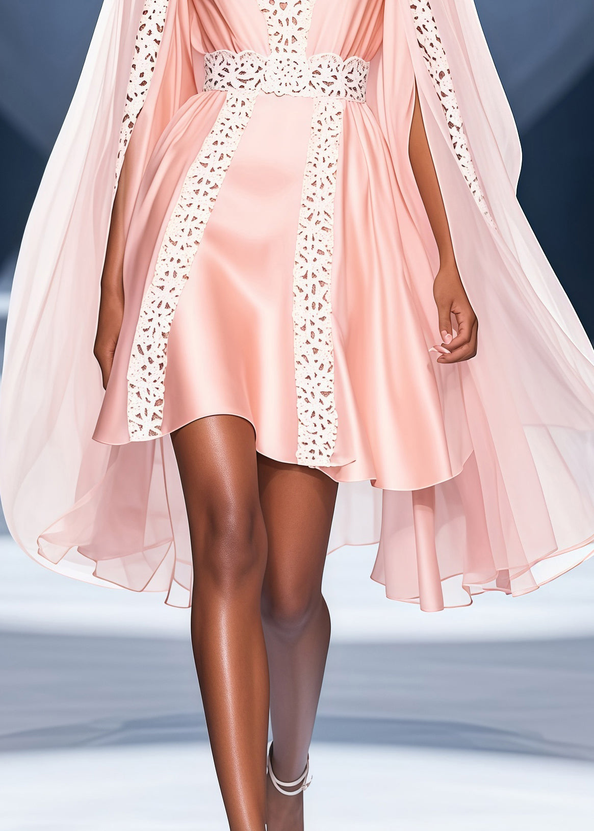 Deep V-Neck Satin Lace Trim High Low Cape Overlay Mini Dress - View 4