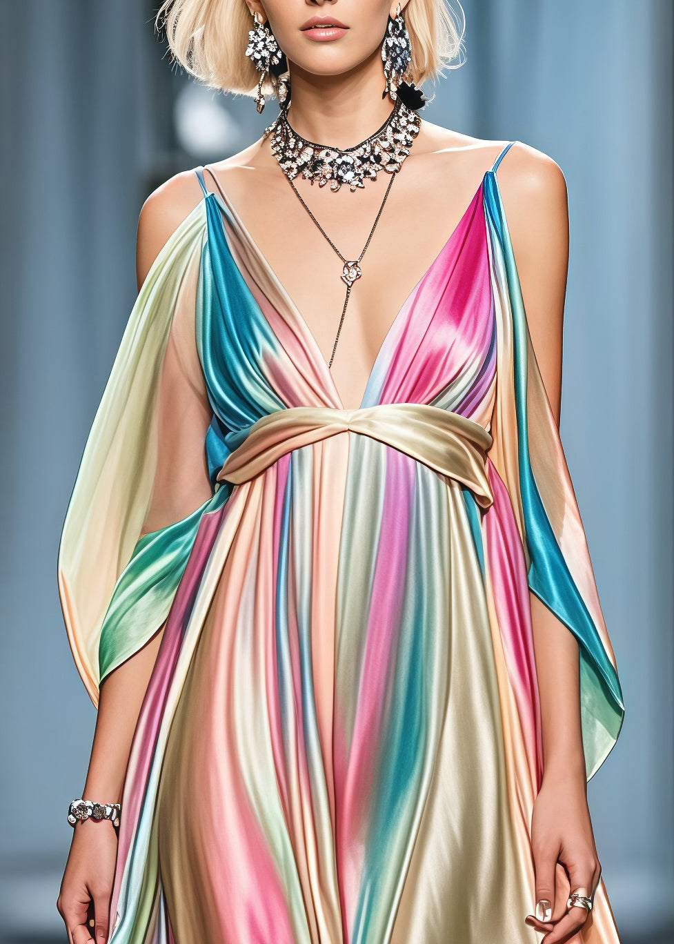 Spaghetti Strap Deep V-Neck Satin Empire Waist Maxi Gown - View 2