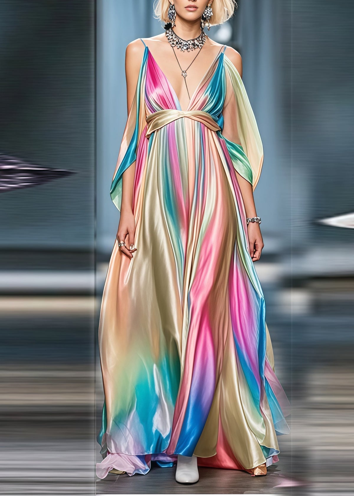 Spaghetti Strap Deep V-Neck Satin Empire Waist Maxi Gown - View 3