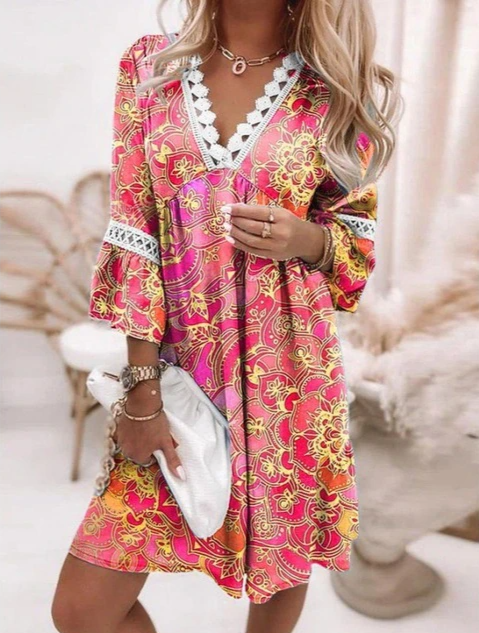 Abstract Stripe Lace Trim V-Neck Bell Sleeve Mini Summer Dress - View 3