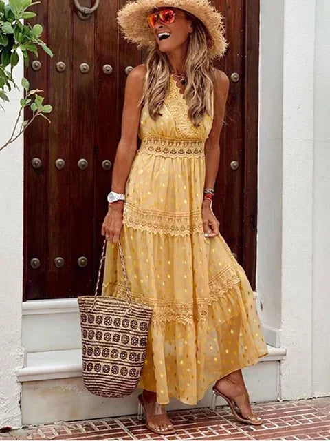 Crochet Lace Halter Neck Tiered Boho Maxi Dress 11