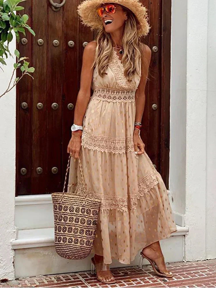Crochet Lace Halter Neck Tiered Boho Maxi Dress 4