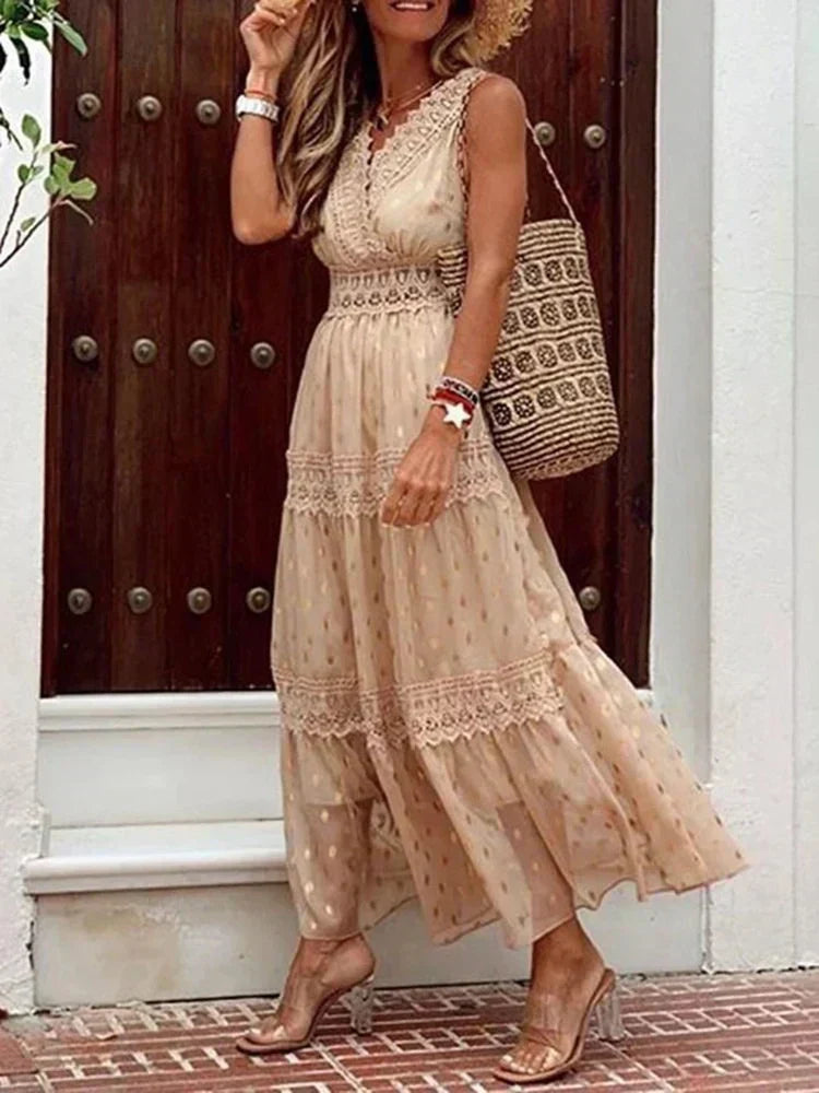 Crochet Lace Halter Neck Tiered Boho Maxi Dress 3