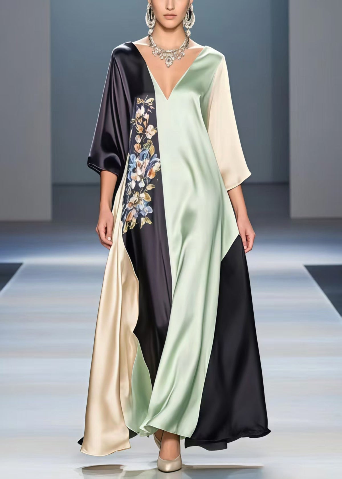 Deep V-Neck Sleeve Floral Embroidery Color Block Kaftan Maxi Gown