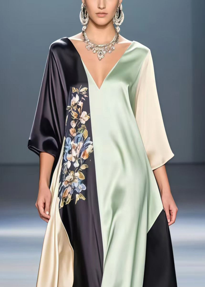 Deep V-Neck Sleeve Floral Embroidery Color Block Kaftan Maxi Gown - View 2