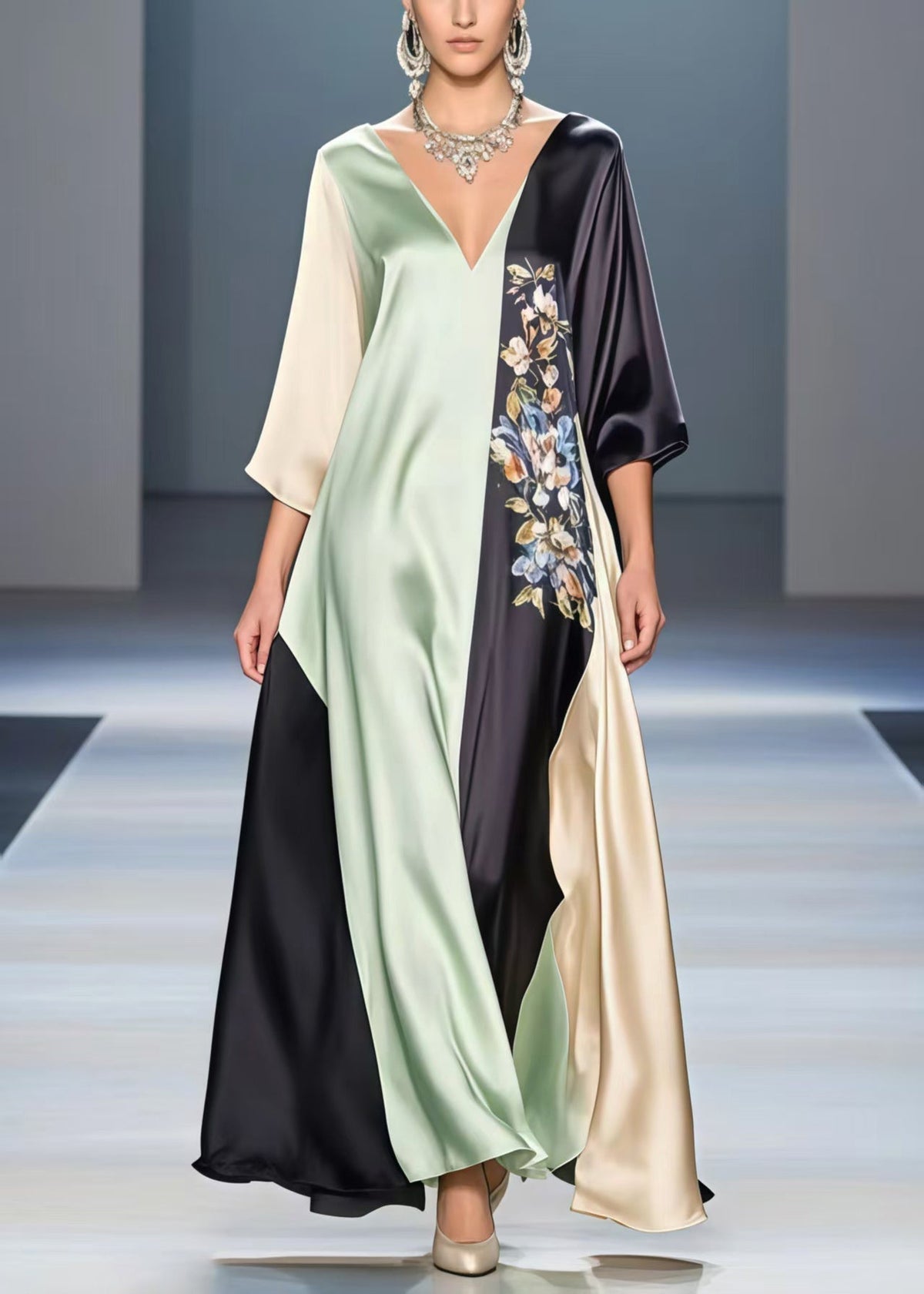 Deep V-Neck Sleeve Floral Embroidery Color Block Kaftan Maxi Gown - View 3