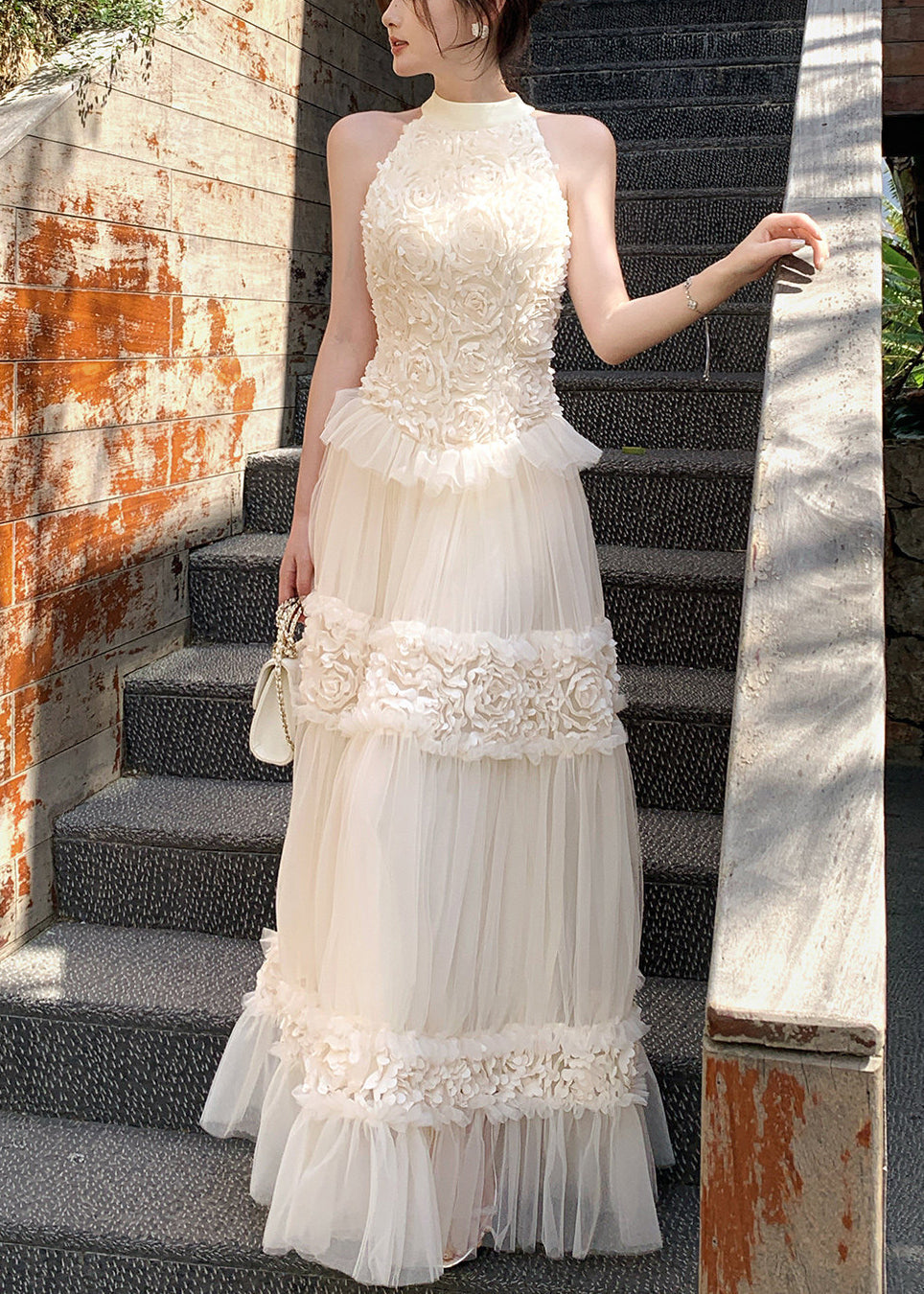 Off Shoulder Tulle Floral Maxi Dress - View 3
