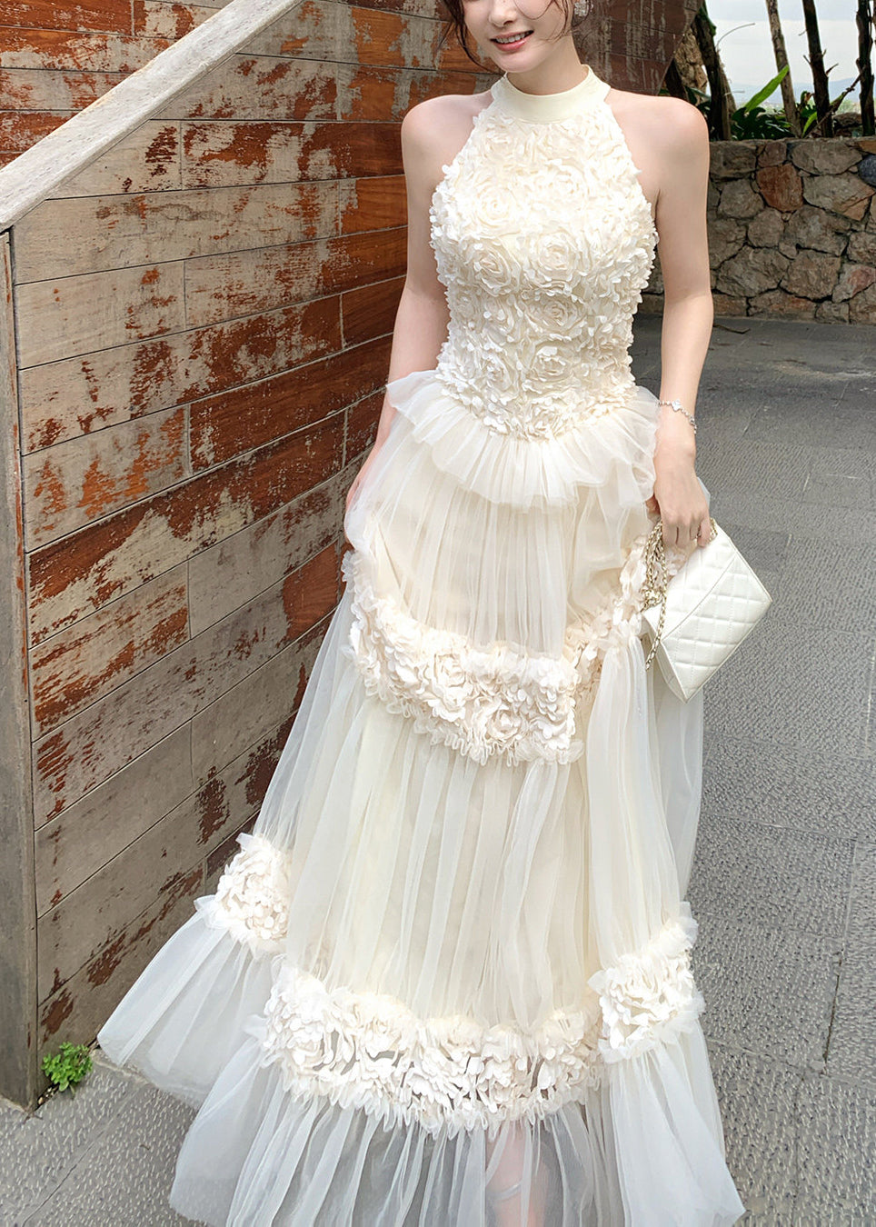 Off Shoulder Tulle Floral Maxi Dress - View 4