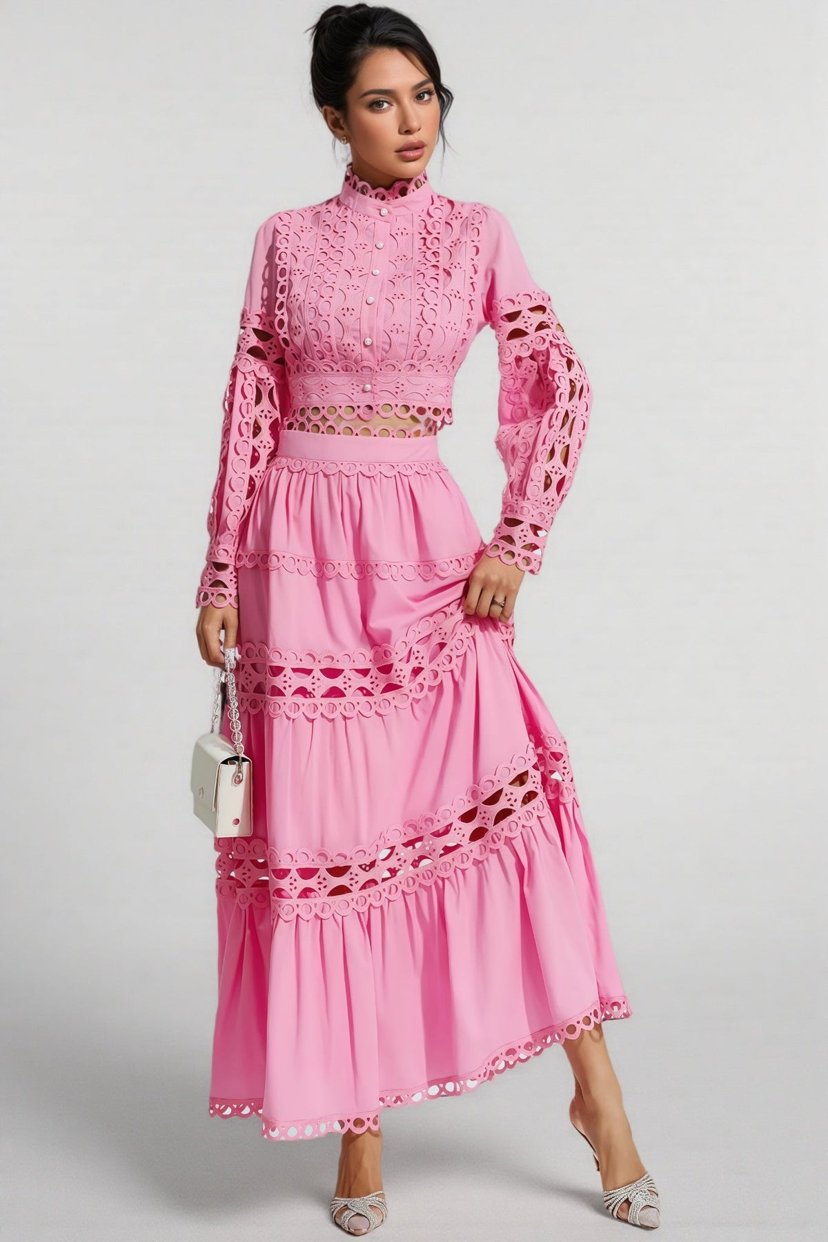 Kyrag Pink Lace Hollow Maxi Dress Set - View 6