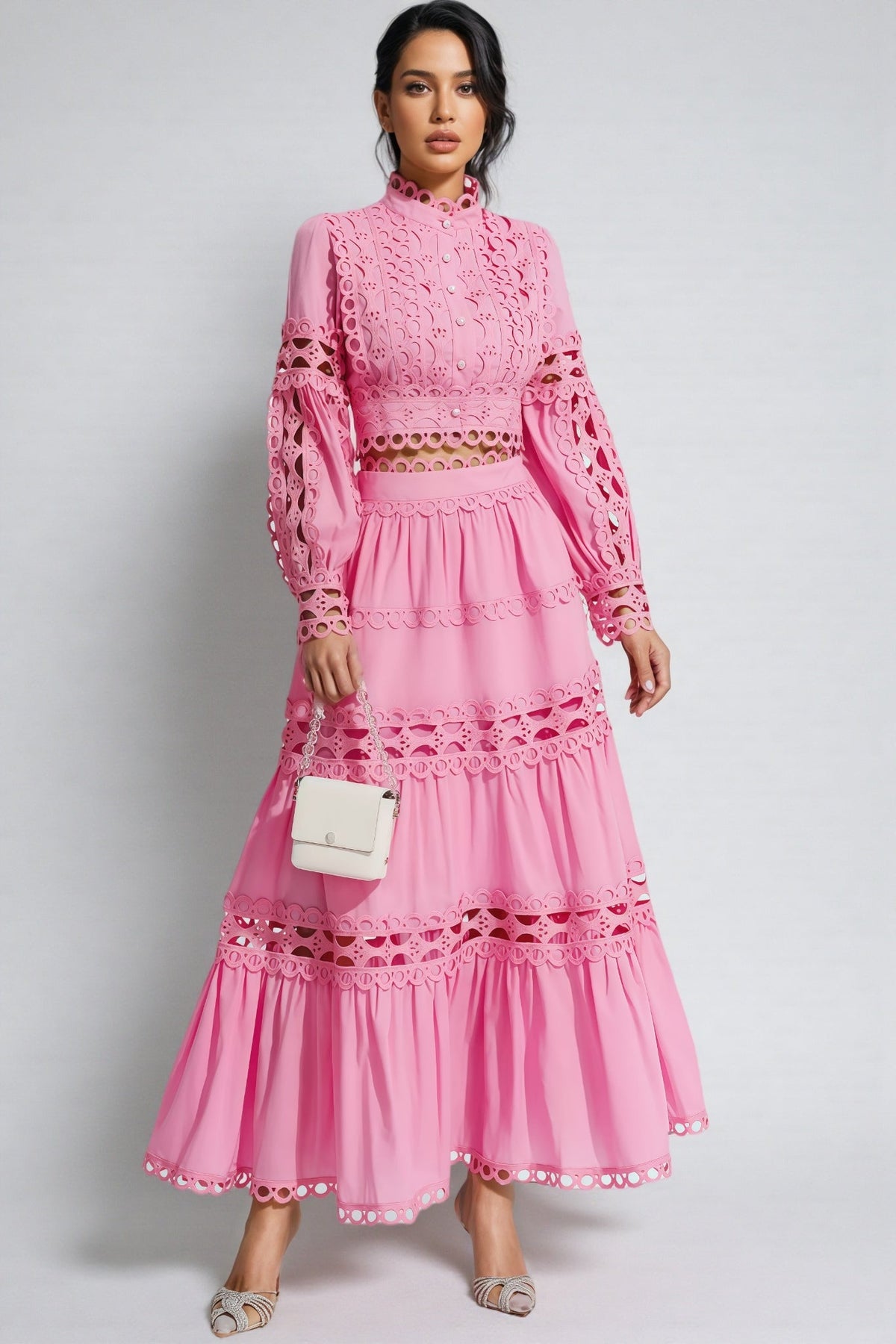 Kyrag Pink Lace Hollow Maxi Dress Set