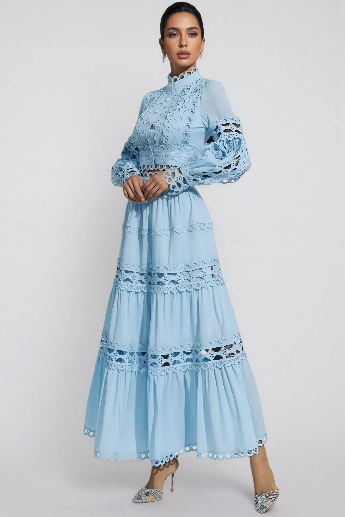 Lysd Blue Lace Hollow Maxi Dress Set - View 4