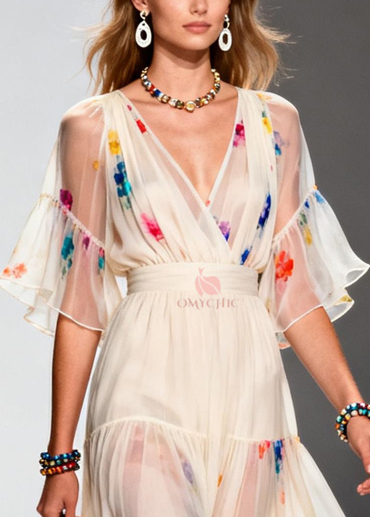 Floral Print V-Neck Wrap Bodice Flutter Sleeve Tiered Midi Dress - View 2