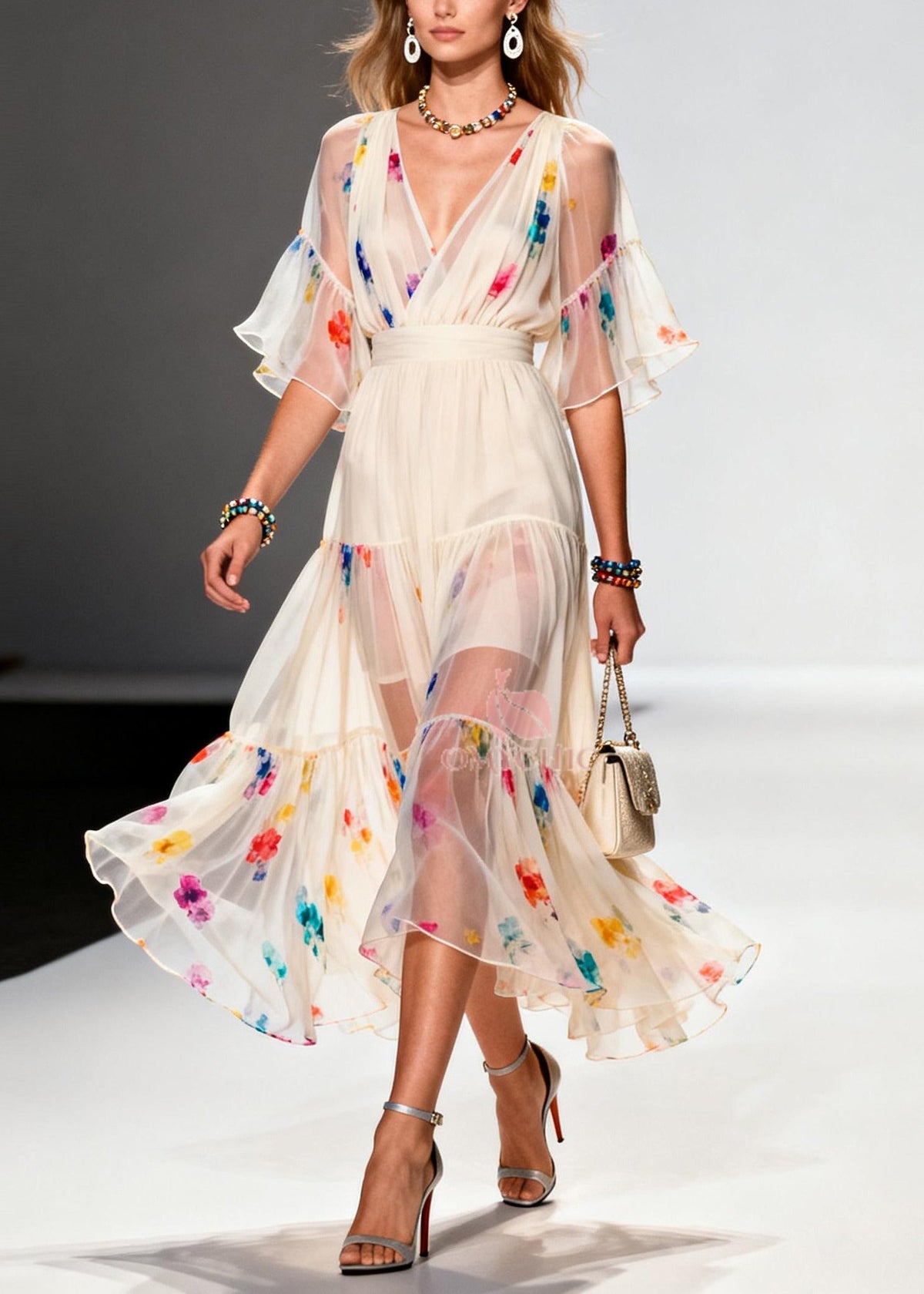 Floral Print V-Neck Wrap Bodice Flutter Sleeve Tiered Midi Dress - View 3