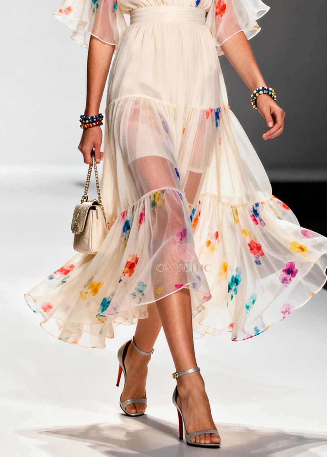 Floral Print V-Neck Wrap Bodice Flutter Sleeve Tiered Midi Dress - View 4