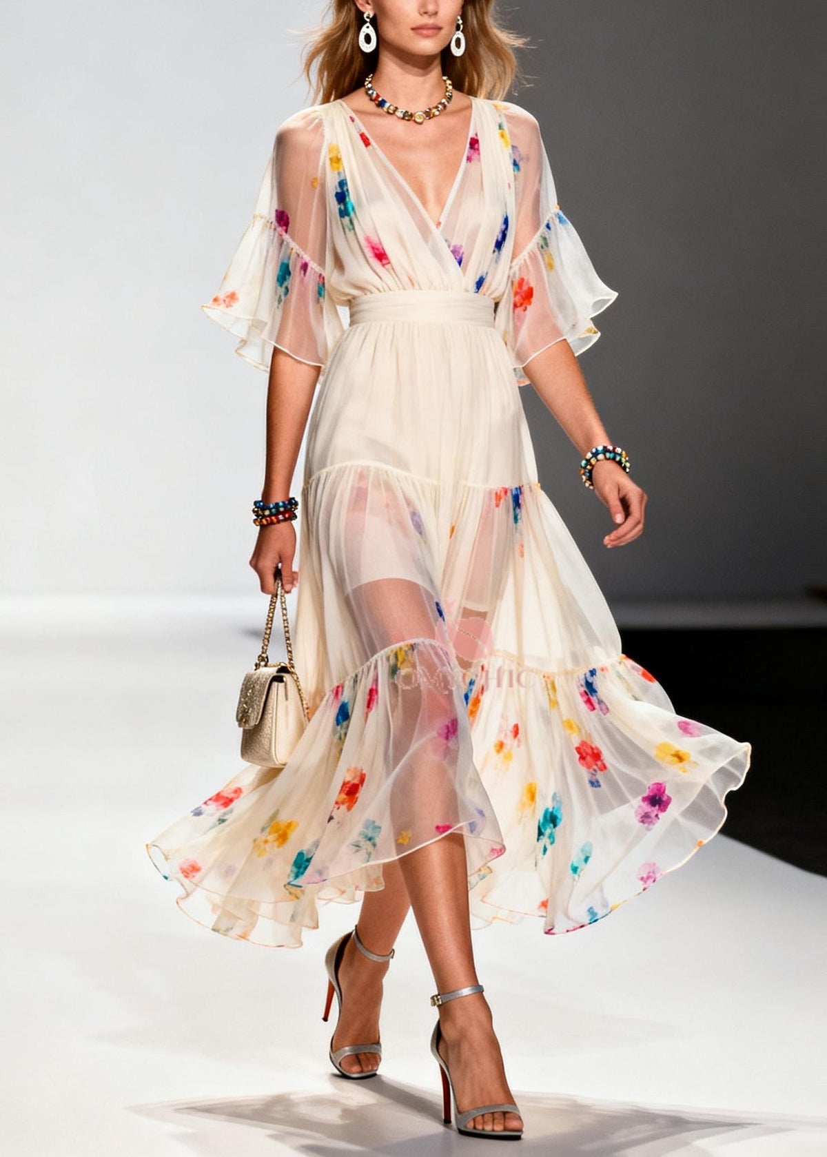 Floral Print V-Neck Wrap Bodice Flutter Sleeve Tiered Midi Dress - View 5
