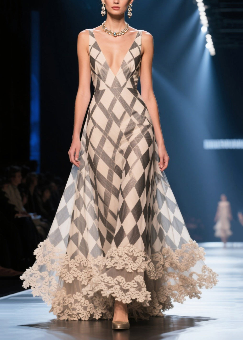 Argyle Print Deep V-Neck Spaghetti Strap Scalloped Lace Hem Maxi Gown - View 3