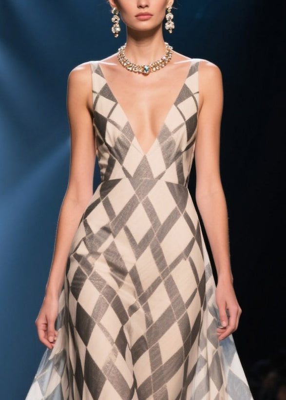 Argyle Print Deep V-Neck Spaghetti Strap Scalloped Lace Hem Maxi Gown - View 4