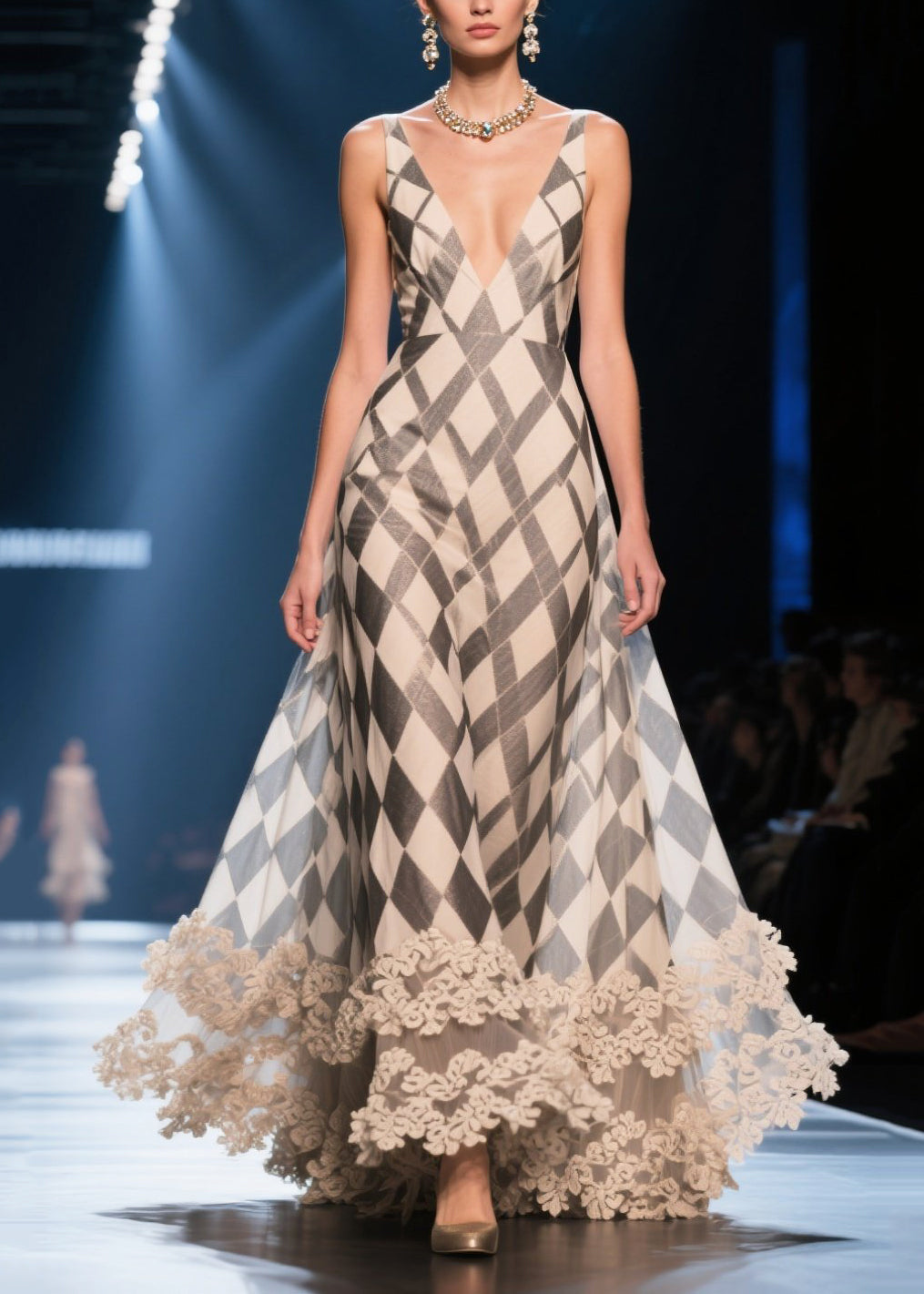 Argyle Print Deep V-Neck Spaghetti Strap Scalloped Lace Hem Maxi Gown - View 5