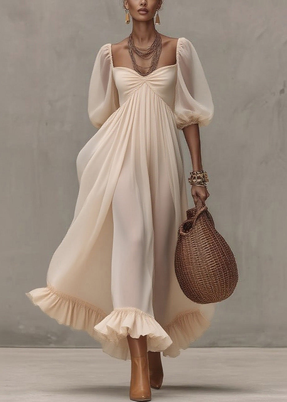 Chiffon Square Neck Puff Sleeve Ruffle Hem Empire Maxi Dress 3