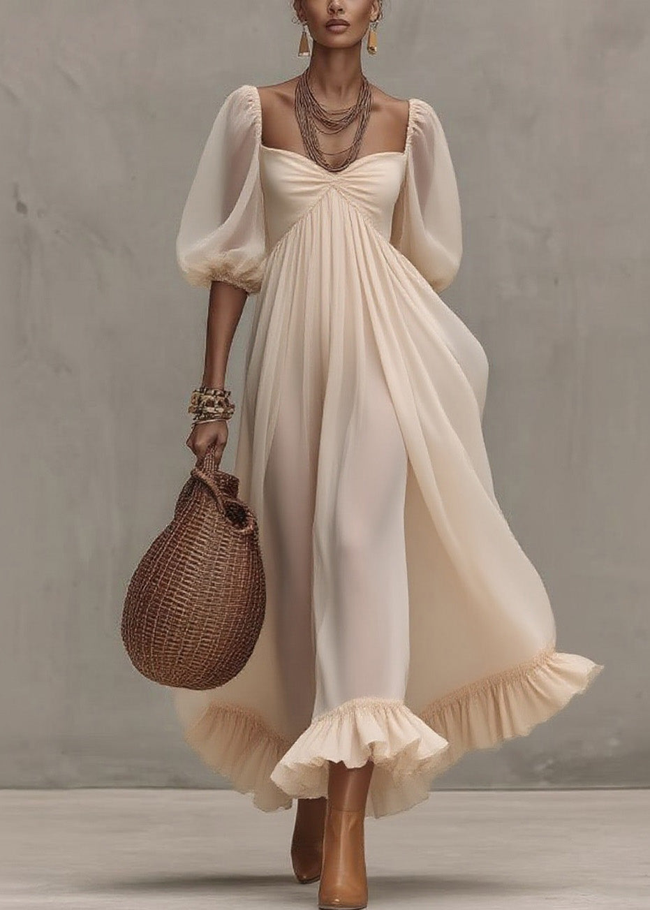 Chiffon Square Neck Puff Sleeve Ruffle Hem Empire Maxi Dress 5
